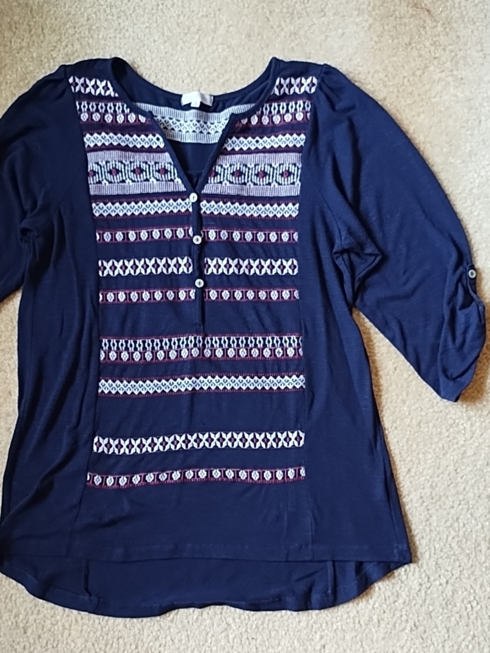 Thyme & Honey Navy Geometric Embroidered Boho Henley Peasant Top Size Medium